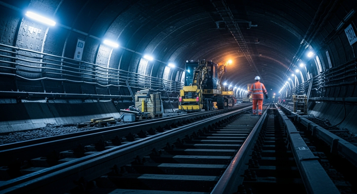Construction workers perform essential maintenance and modernization on the tracks of the Paris Metro and RER network to improve public transport reliability.