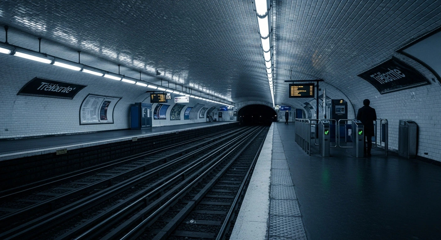 A deserted Parisian metro station platform remains empty during weekend maintenance work as commuters face service interruptions across the RATP and SNCF networks.