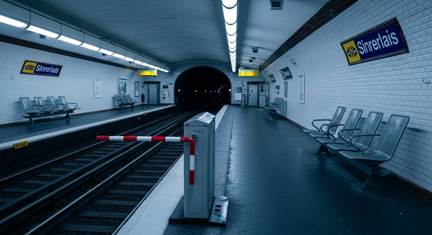 An empty Parisian Metro station platform is blocked off by maintenance barriers during a weekend of public transport disruptions in the Île-de-France region.
