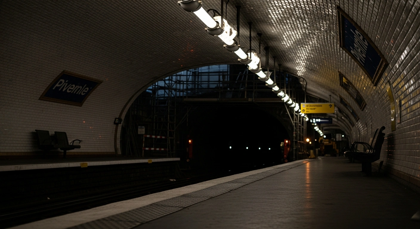 An empty Parisian metro station platform undergoes modernization with industrial lighting and construction equipment visible in the background.