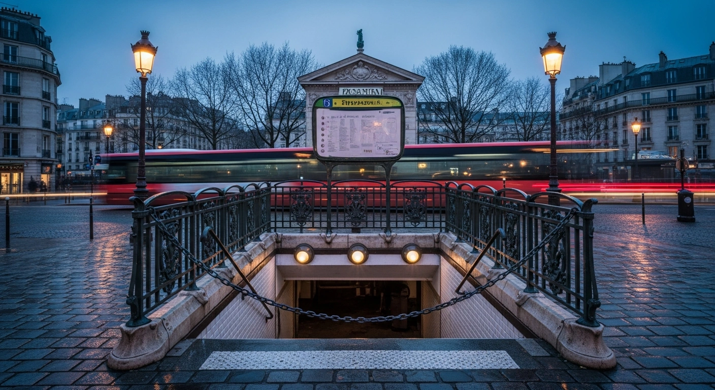 A closed Paris metro station entrance with restricted access during a major security event in the French capital.