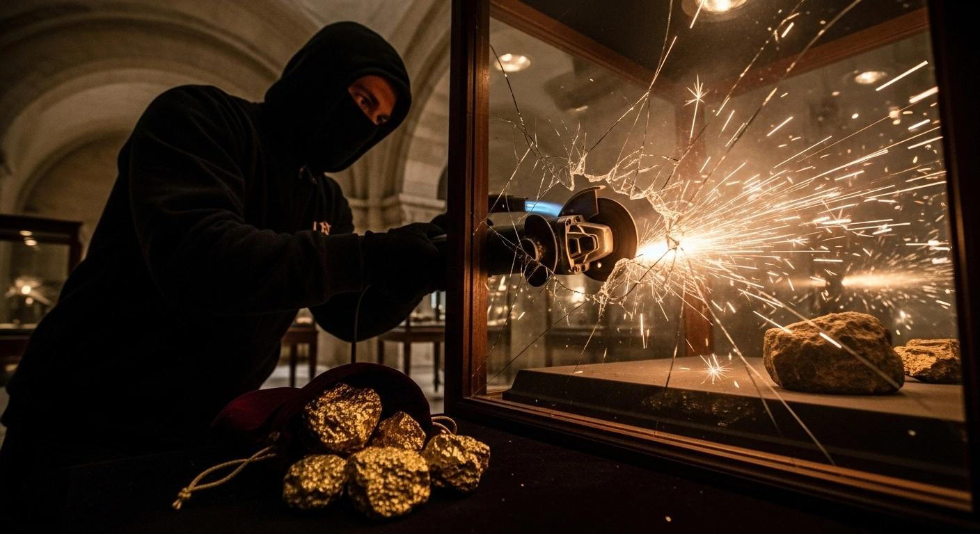 A shadowy figure uses an angle grinder and blowtorch to break into a museum display case, with sparks flying and native gold samples visible, depicting a heist at the French Natural History Museum in Paris.