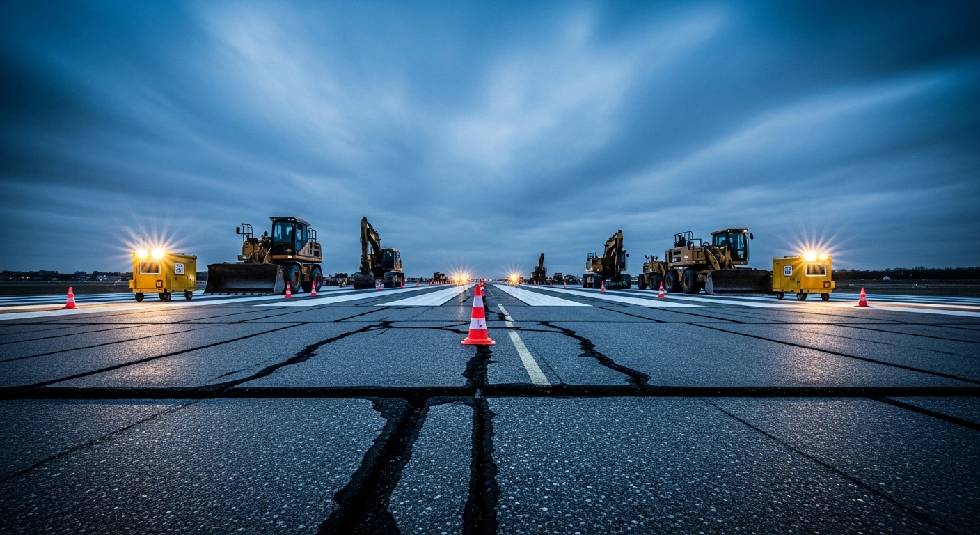 Construction equipment sits on a closed runway at Paris-Orly Airport during an extensive pavement repair project that is causing flight disruptions.