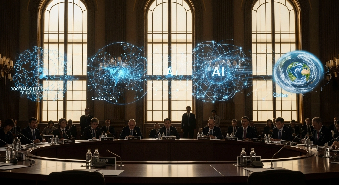 A wide-angle photograph shows a diverse group of global leaders gathered around a large, polished table in a grand, ornate hall, bathed in golden light, with a background projection abstractly illustrating interconnected global challenges like geopolitical tensions, AI governance, and climate change, reflecting the discussions on North-South cooperation and the urgent need for a functioning global order at events such as the Paris Peace Forum.
