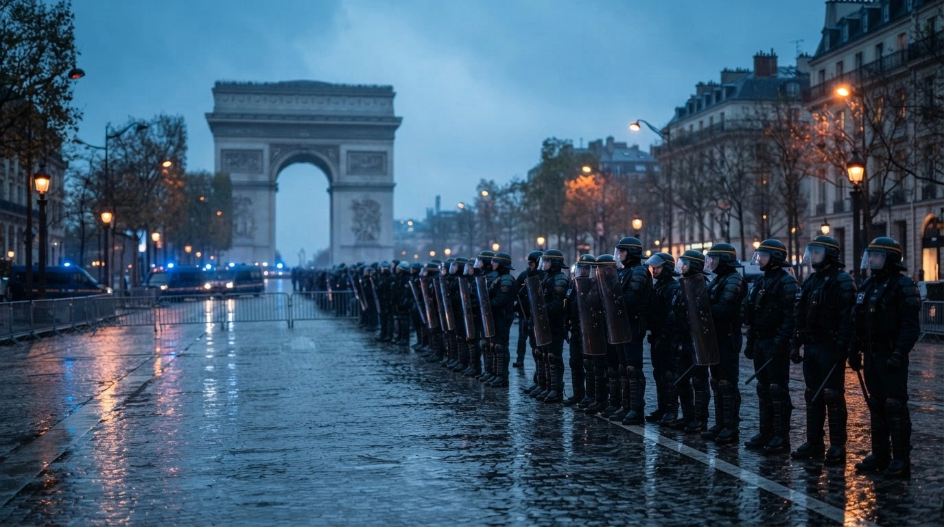 French riot police stand in formation on a Parisian street as authorities enforce a ban on public protests.