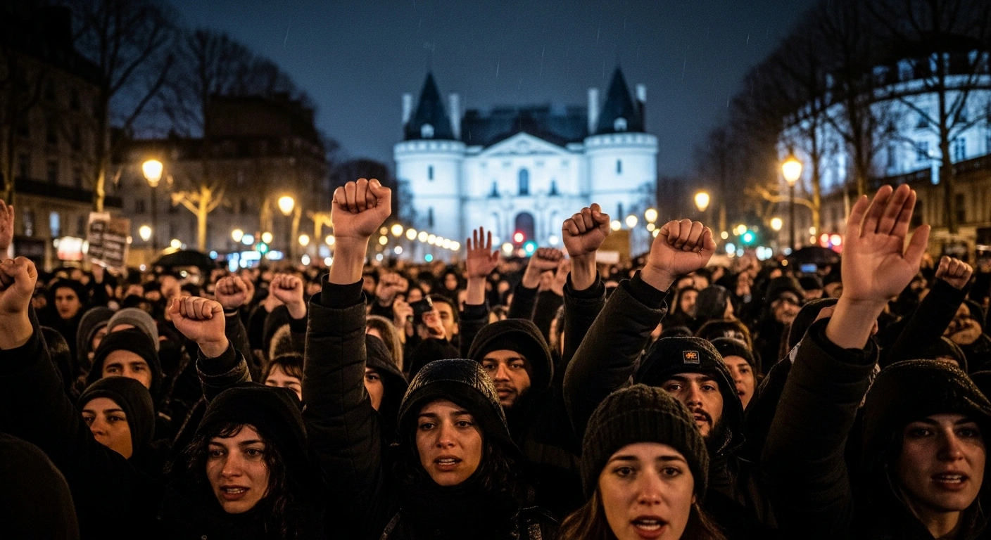 A large crowd of thousands protests at night on the rain-slicked streets of Paris, demanding justice following the death of Mauritian migrant worker El Hacen Diarra in police custody amidst allegations of police brutality.