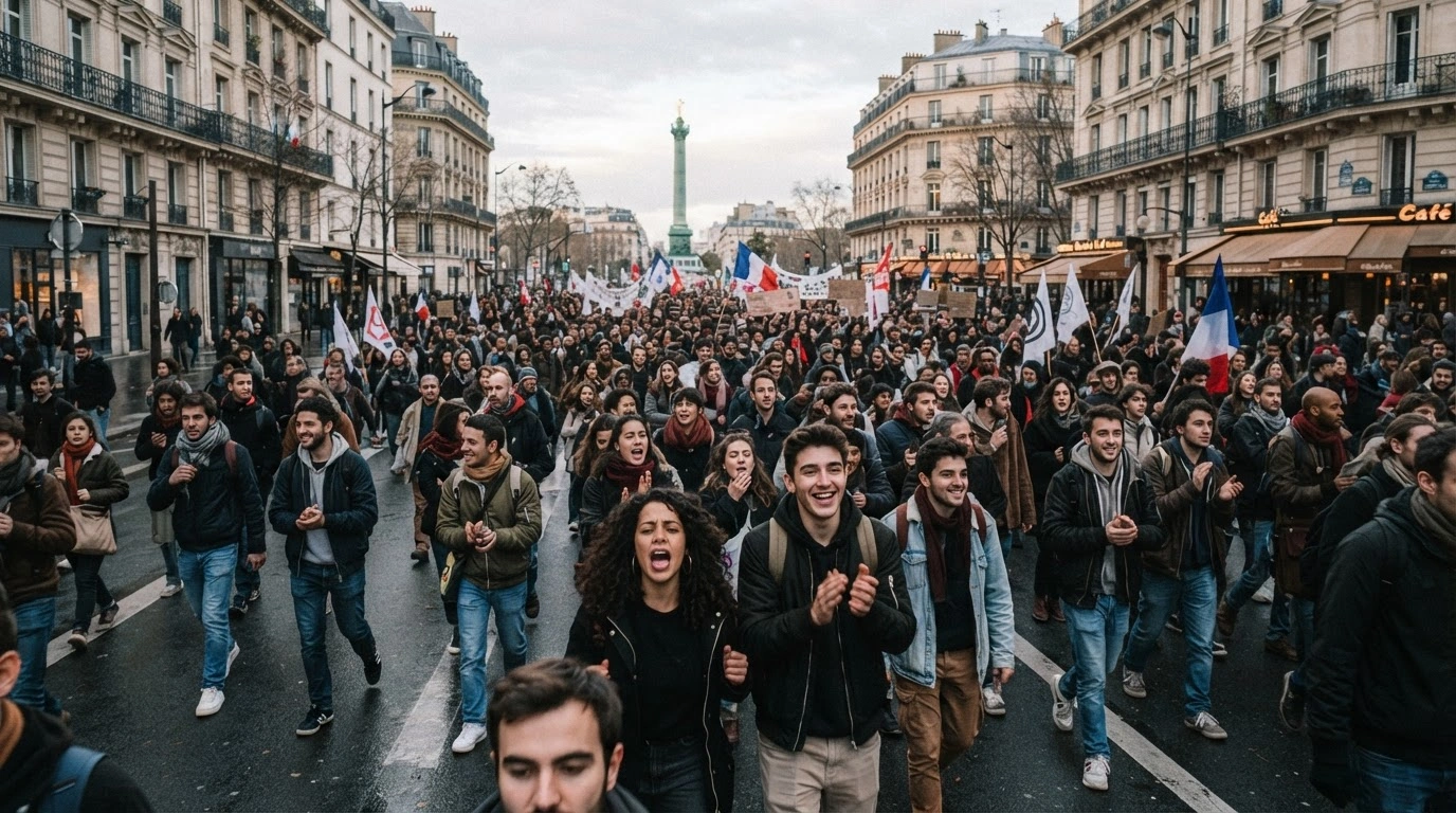 A large group of protesters marches through the streets of Paris after a court authorized their demonstration between Place de la Bastille and Place de la Nation.