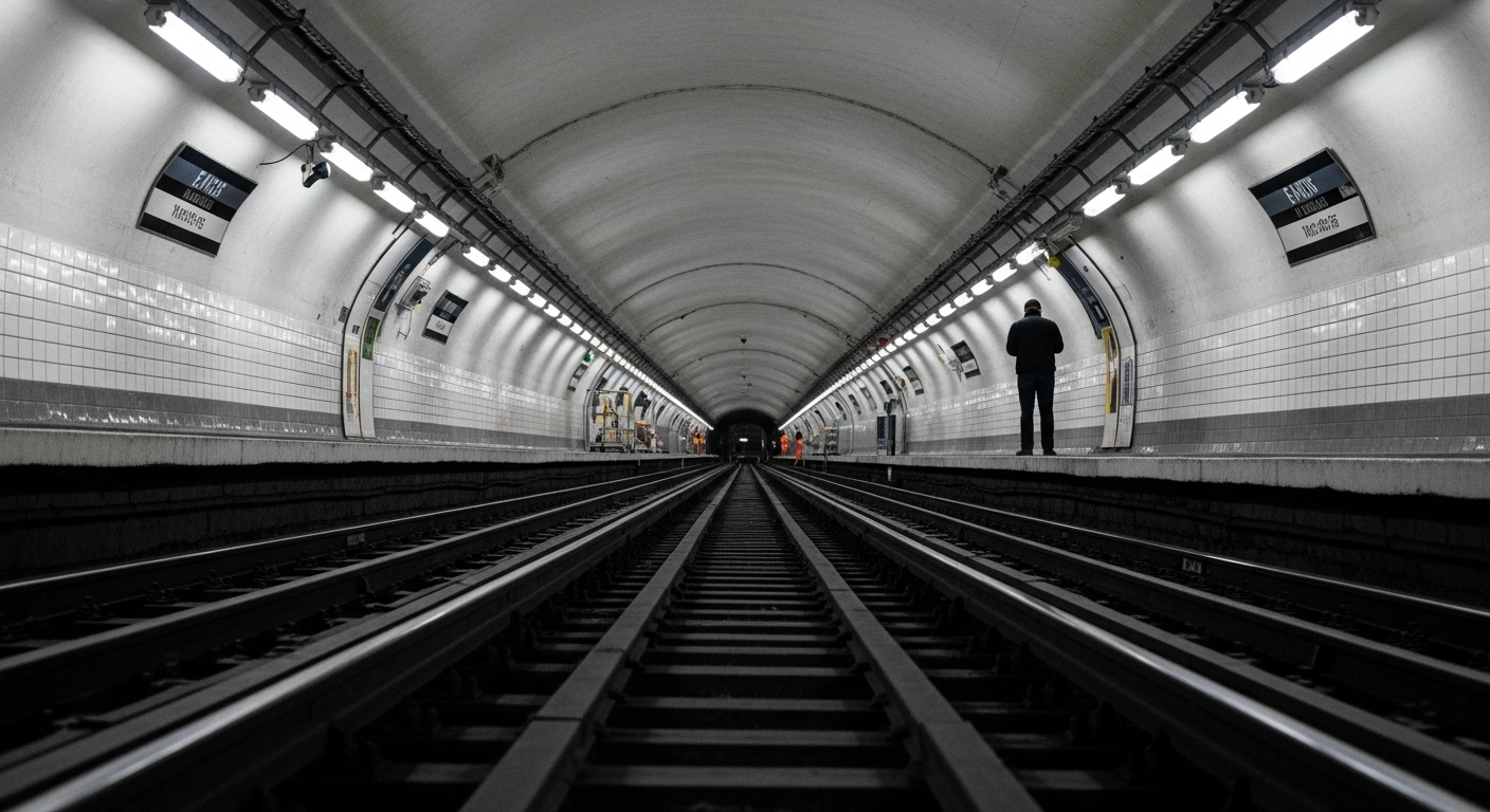 A solitary worker stands within a brightly lit, empty Parisian metro tunnel, symbolizing the significant public transportation disruptions across Paris and the Île-de-France region from February 9 to 15, 2026, caused by RATP and SNCF modernization work impacting metro, RER, Transilien, and tram lines.