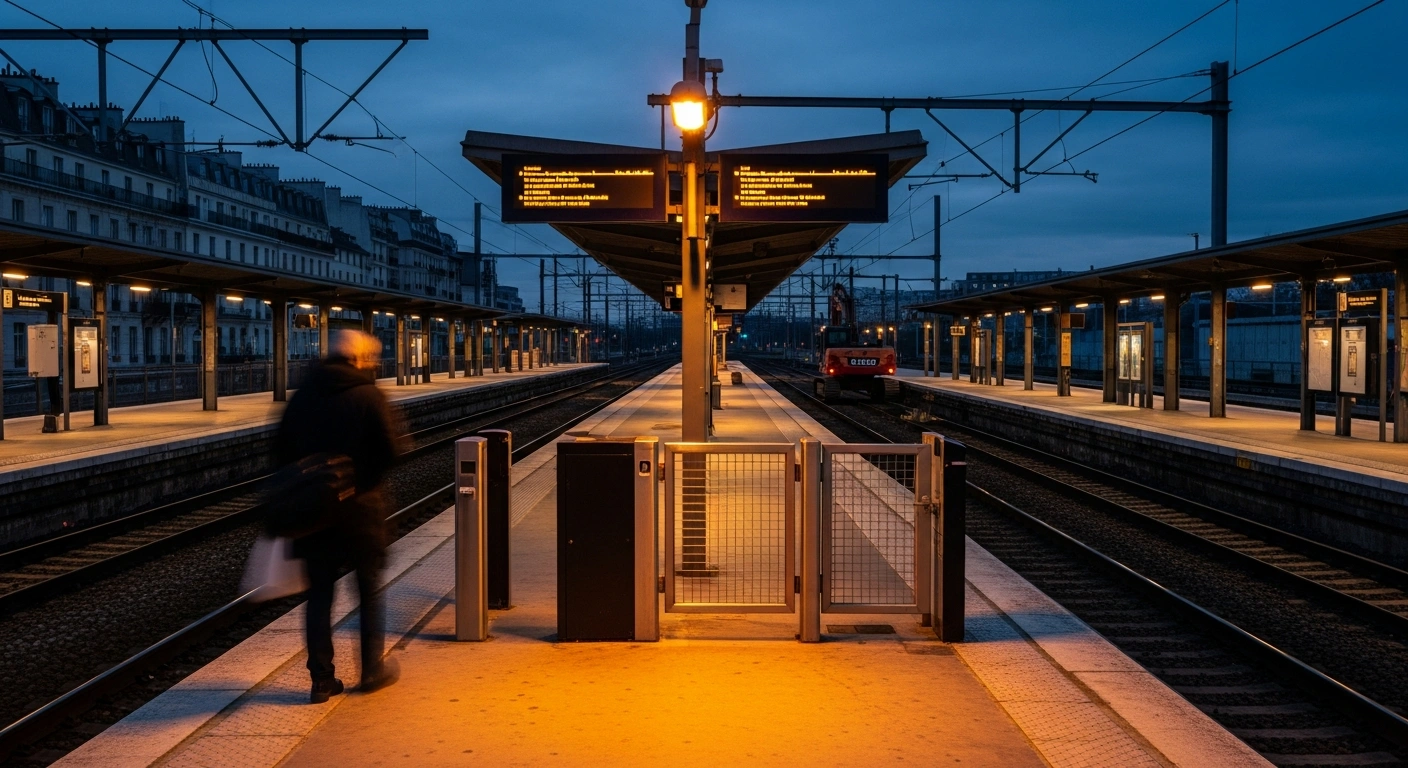 A deserted train station platform in the Île-de-France region during a weekend railway maintenance project by SNCF and RATP.