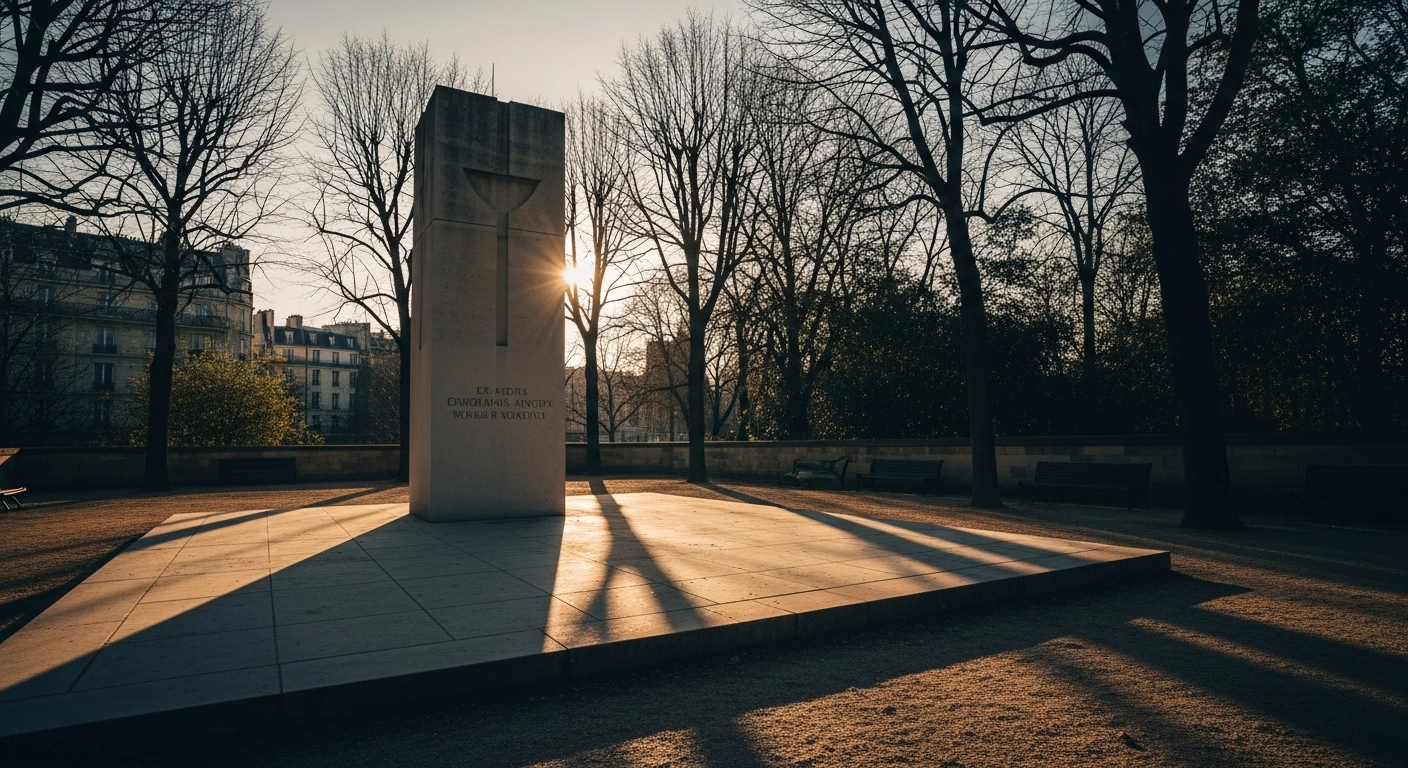 A stone memorial dedicated to the victims of the 1994 genocide against the Tutsi stands in a peaceful garden in Paris.