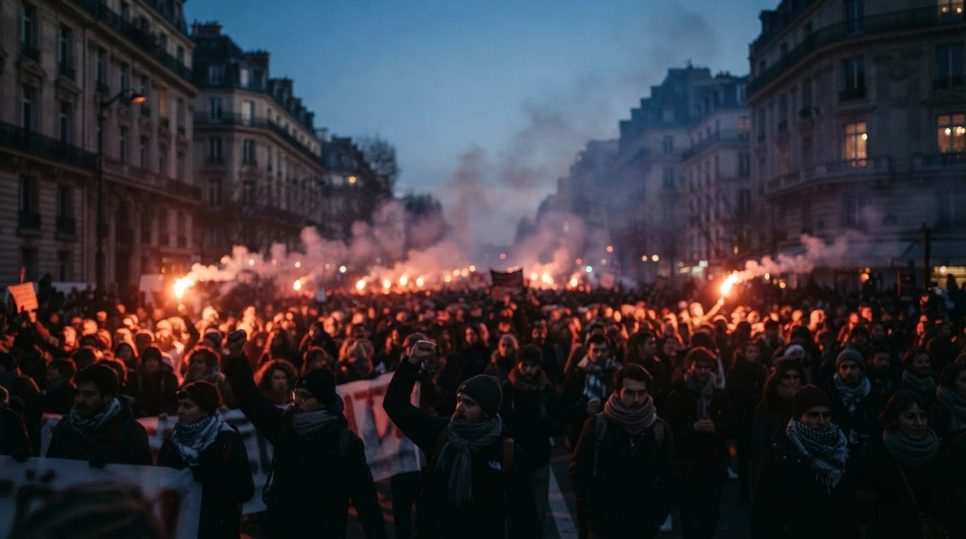Thousands of demonstrators gather in the streets of Paris to protest against controversial security legislation and police powers.