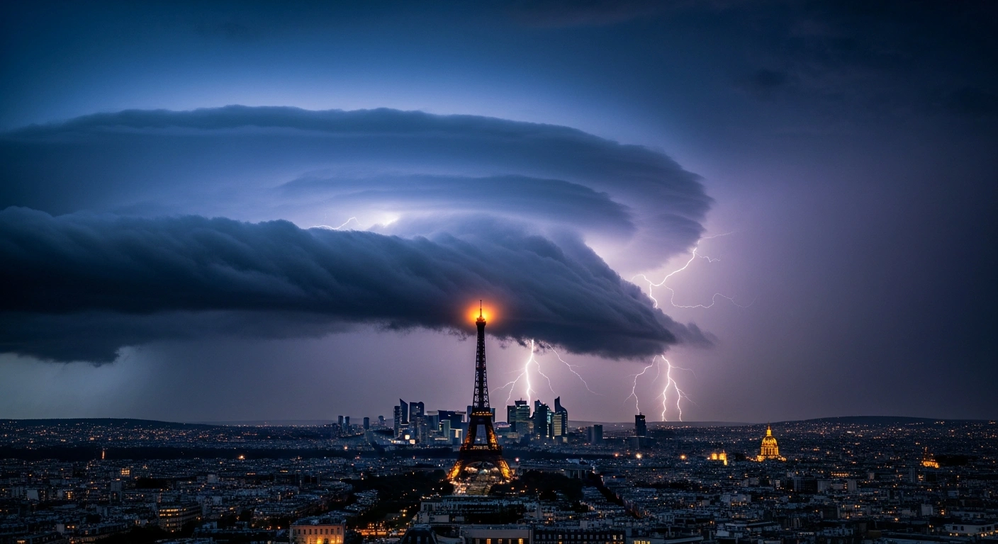 A dramatic thunderstorm with lightning strikes over the Paris skyline during an orange weather alert.