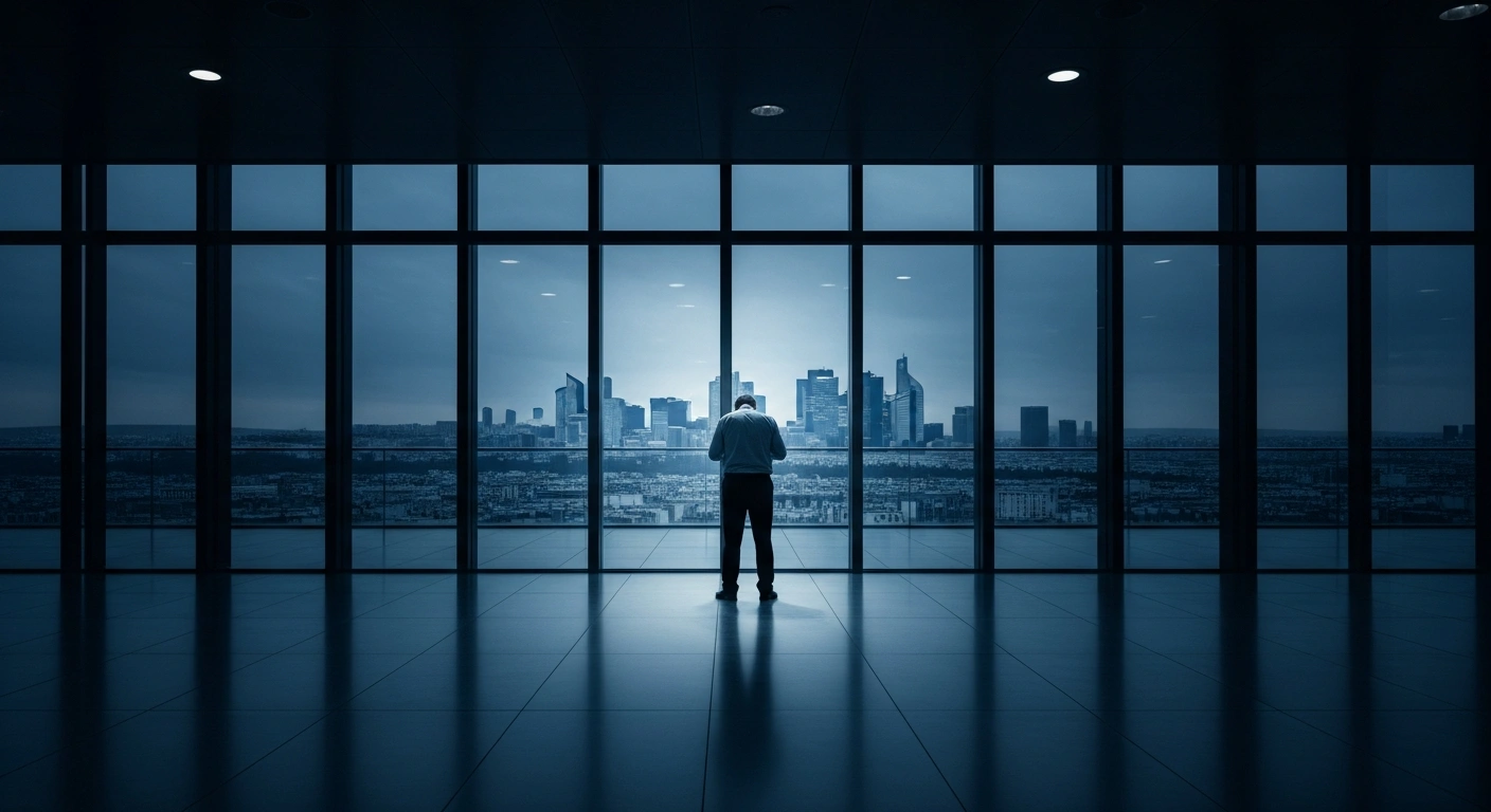 A lone trader looks out over the Paris skyline during a significant decline in the CAC 40 stock market index.