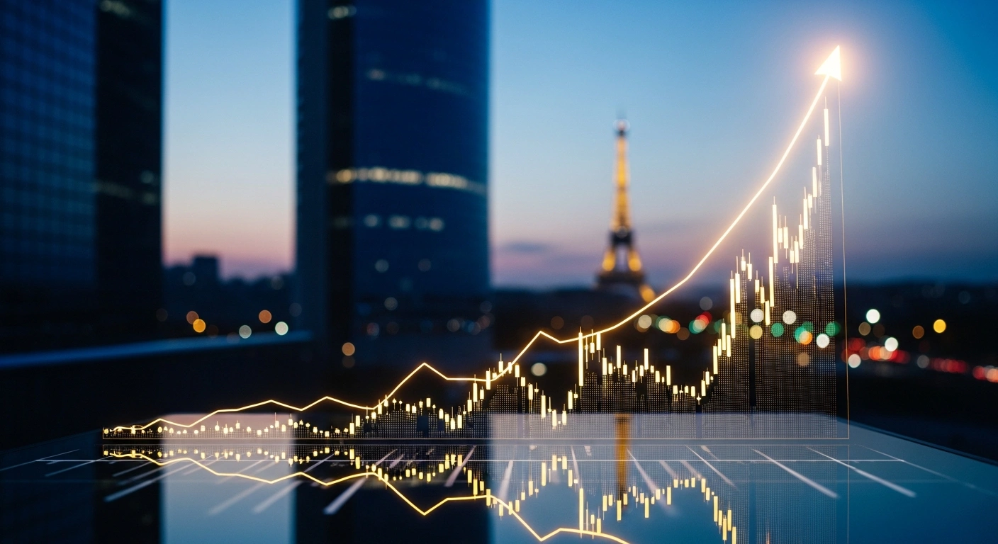 A digital representation of the Paris stock market index showing a positive growth trend against a backdrop of the Parisian skyline.