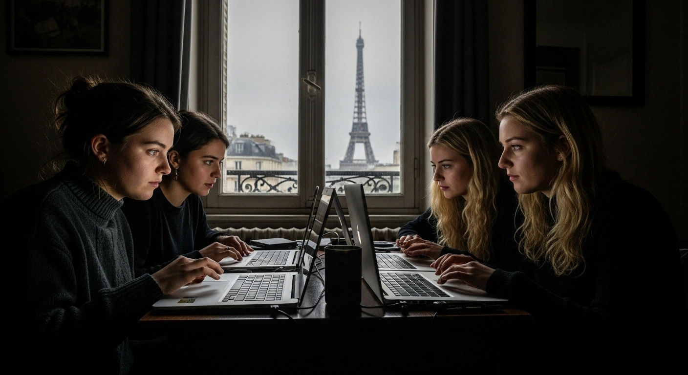 Three young women, their faces illuminated by laptop screens, are depicted in a dimly lit room with the blurred silhouette of the Eiffel Tower visible through a window, symbolizing their alleged terrorist conspiracy in Paris.