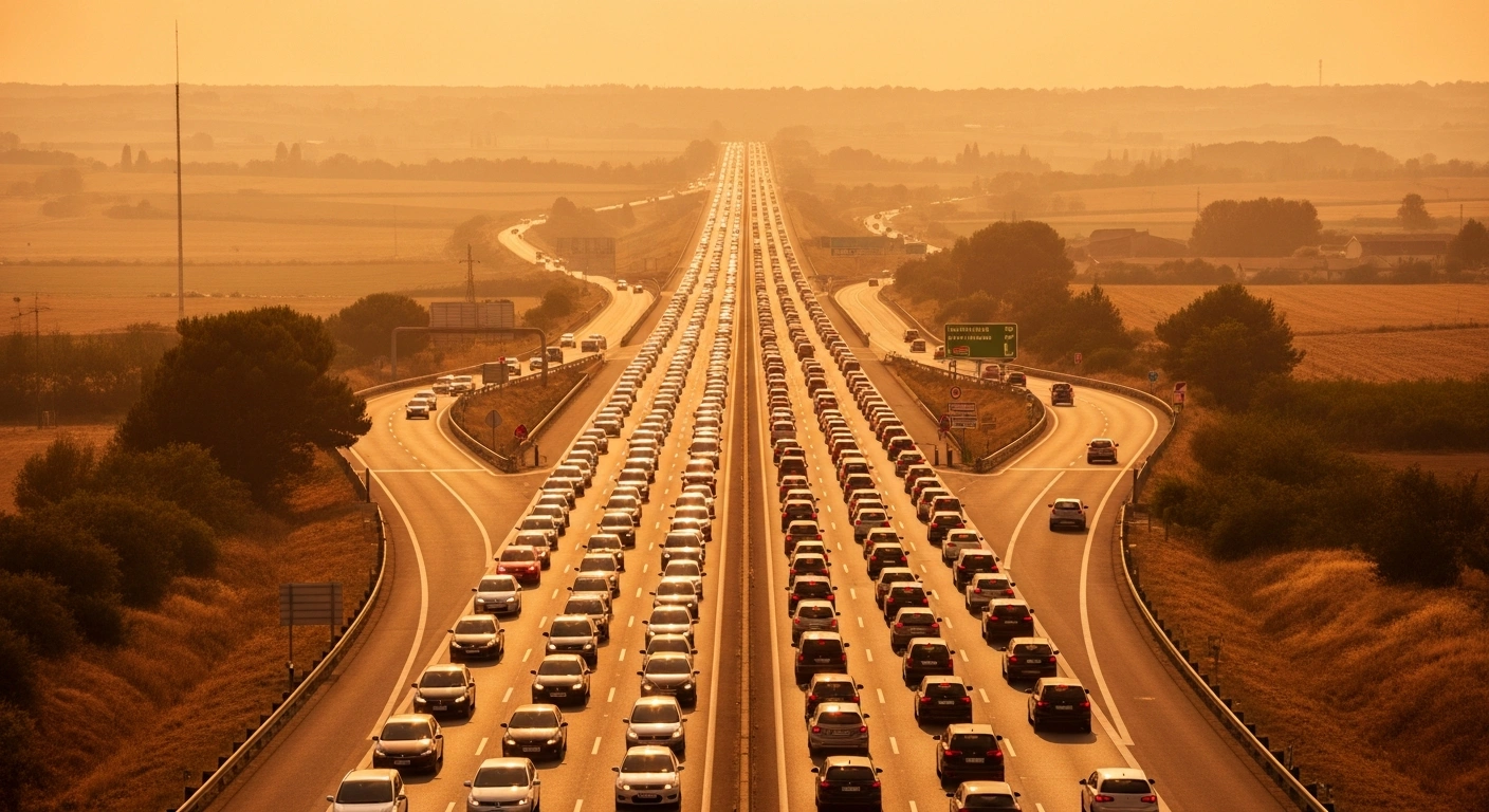 A massive traffic jam of cars on a French highway during a hot summer day as travelers return to Paris after the Pentecost holiday.