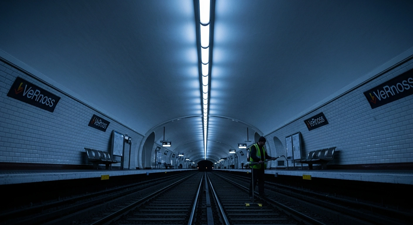 A deserted Paris metro platform at dusk, with a lone maintenance worker on the tracks, symbolizing the significant public transport disruptions in Paris and Île-de-France due to RATP and SNCF modernization and maintenance work from November 24 to 30, 2025.