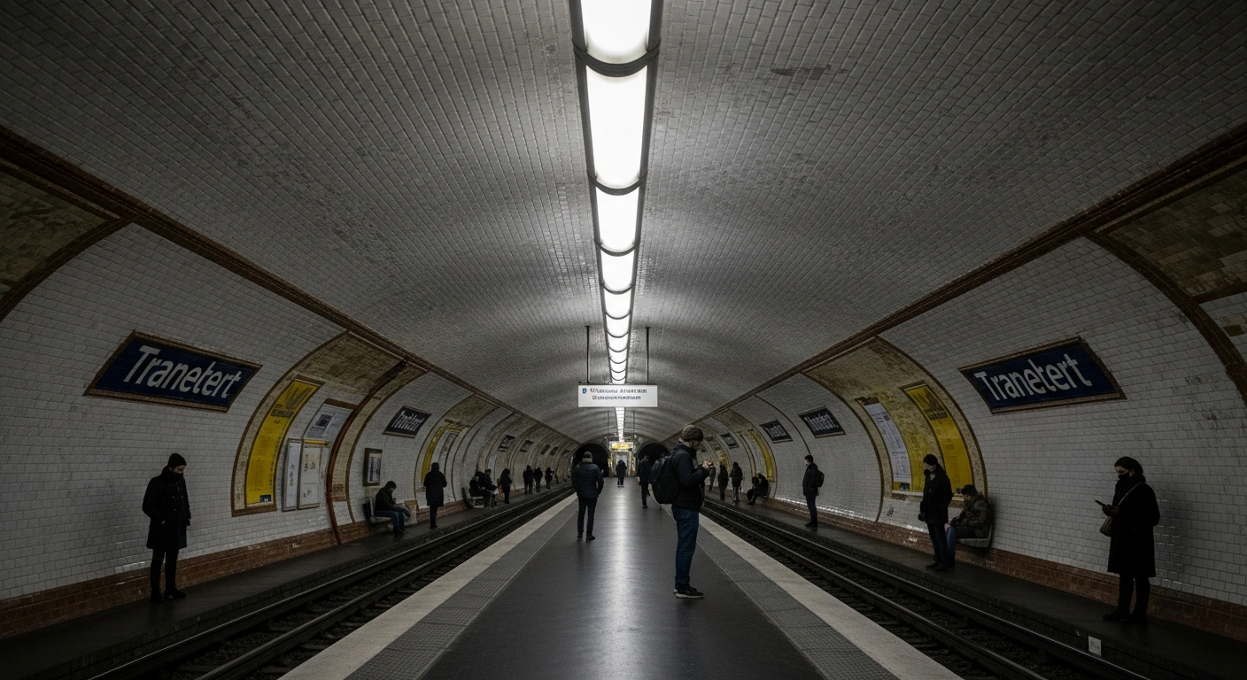 A wide-angle view of a dimly lit, empty Parisian metro platform shows a few solitary commuters waiting, symbolizing the significant public transportation disruptions in Paris and Île-de-France from February 2 to 8, 2026, due to modernization work causing cancellations and delays across Metro, RER, Transilien, and tramway networks operated by RATP and SNCF.