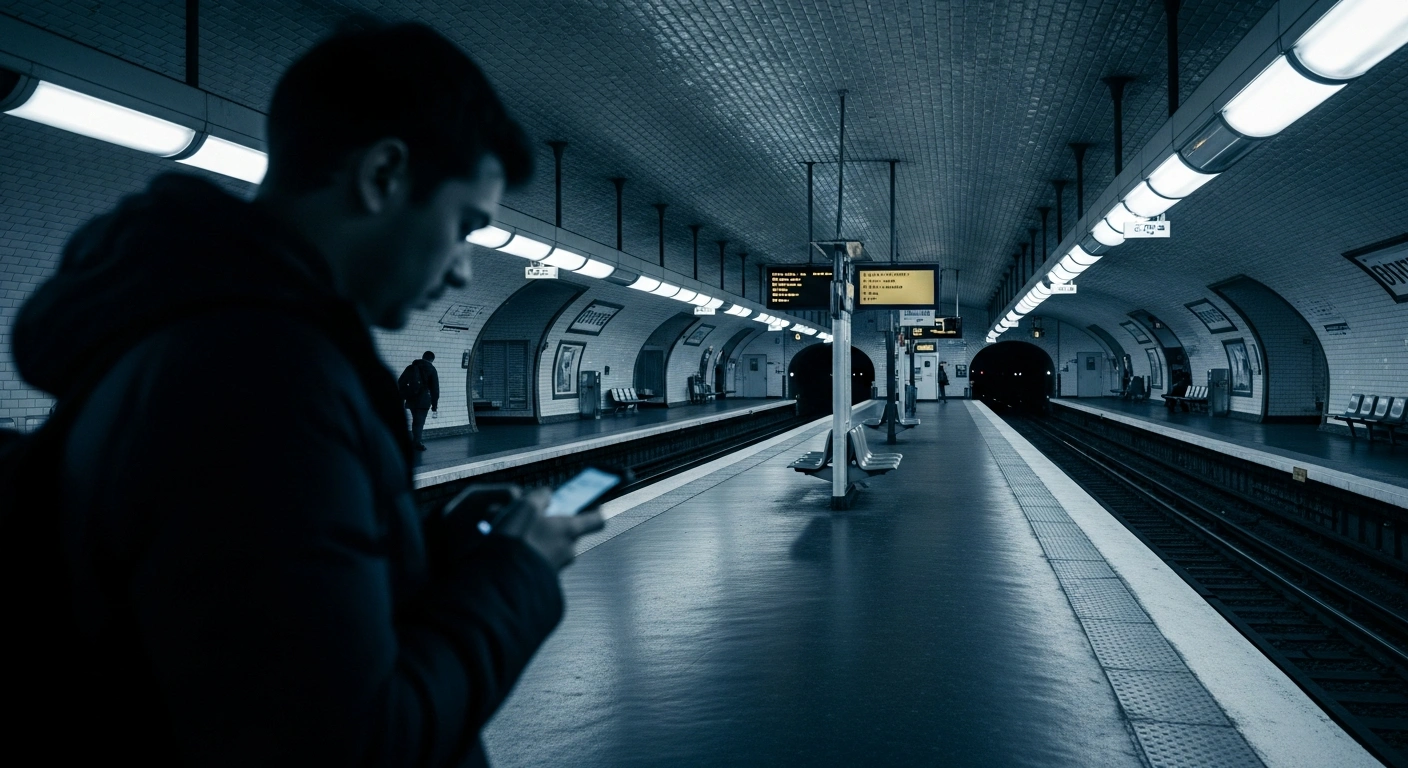 A lone commuter checks their smartphone on a quiet, empty Parisian metro platform during a weekend of scheduled transport maintenance in the Ile-de-France region.