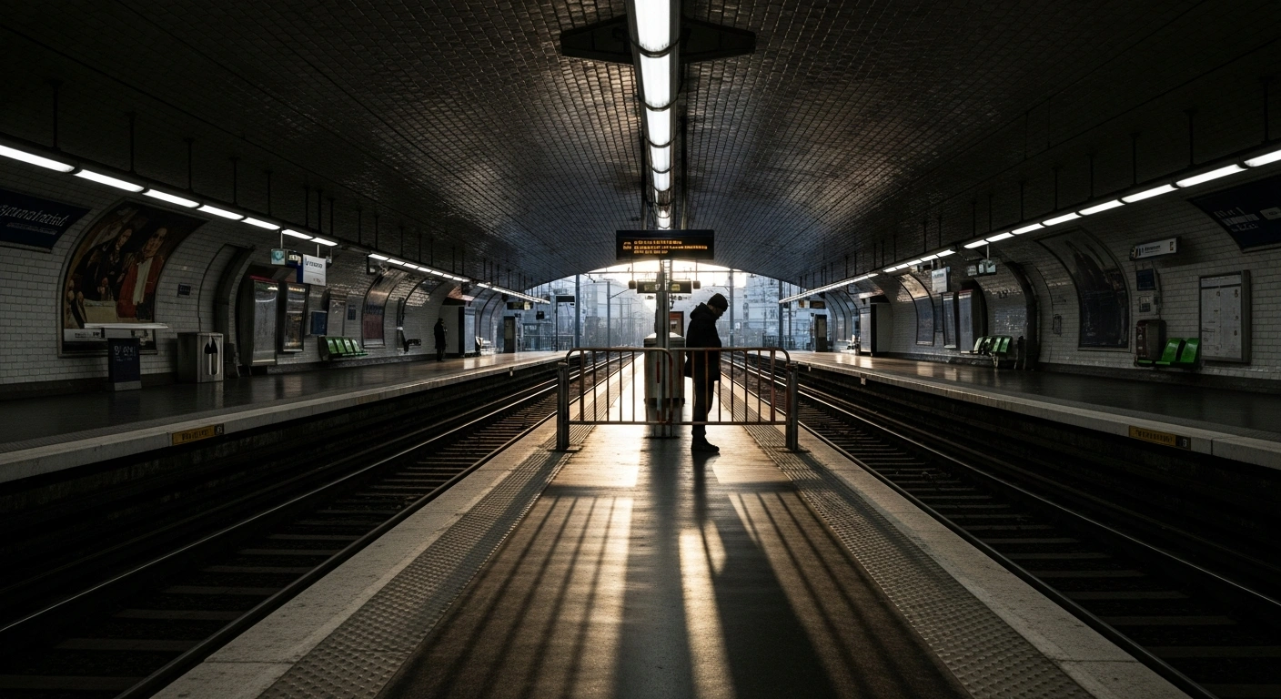 A deserted RER train station platform in Paris, Île-de-France, with a lone, silhouetted figure standing near a closed barrier, symbolizing the public transport disruptions caused by the nationwide SNCF strike and ongoing maintenance works impacting RER and Transilien services.