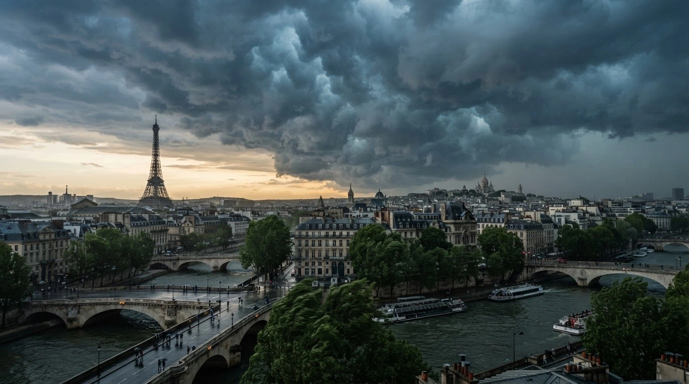A dramatic view of the Paris skyline under a turbulent, stormy sky as a yellow wind warning marks the end of a heatwave.