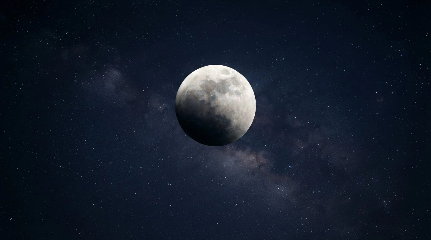 A partial lunar eclipse occurs as the Earth's dark umbral shadow falls across the surface of the moon in the night sky.