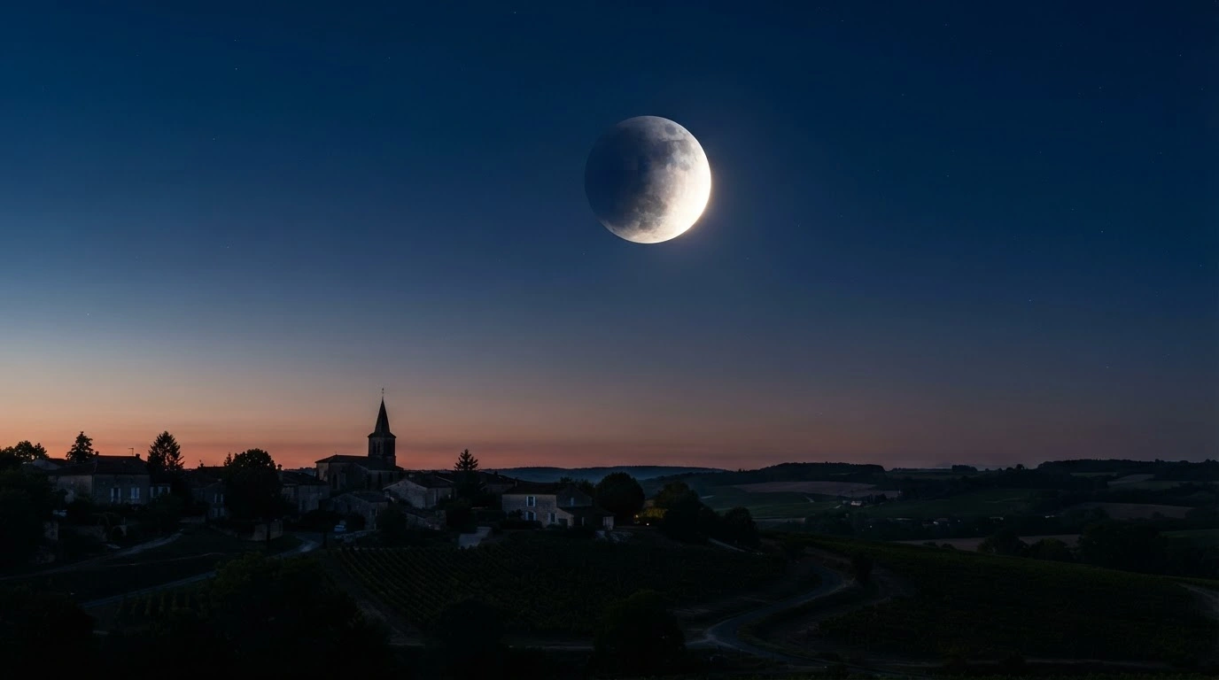 A deep partial lunar eclipse darkens a portion of the moon as it hangs over a French landscape during the pre-dawn hours of September 2024.