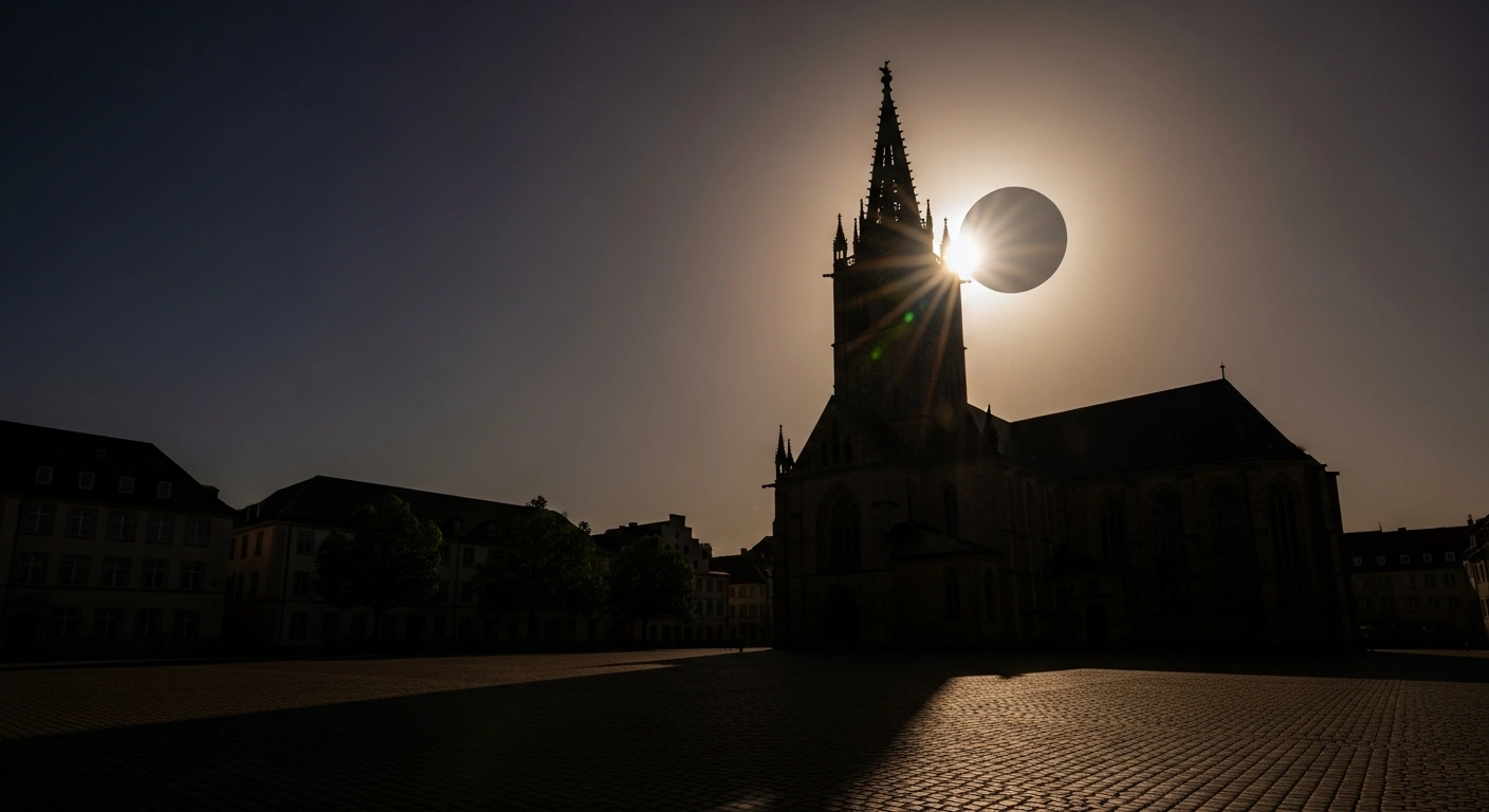 A partial solar eclipse darkens the sky over a historic cathedral in Germany as the moon obscures a large portion of the sun.