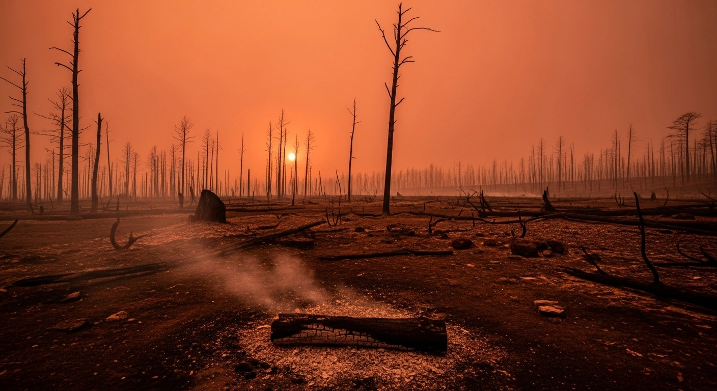 A wide, low-angle shot of a charred and desolate Patagonian landscape in Argentina, with skeletal trees against a smoky, orange-red sunset, and a smoldering log in the foreground, visually representing the major wildfires that have destroyed thousands of hectares in Chubut province and reignited criticism over government budget cuts to environmental and fire management services.