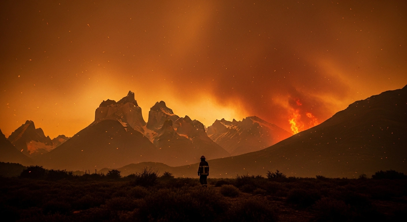 A lone, exhausted firefighter stands silhouetted against a massive wildfire engulfing the Patagonian landscape in Argentina, symbolizing the critical impact of government budget cuts on environmental agencies and fire management efforts.