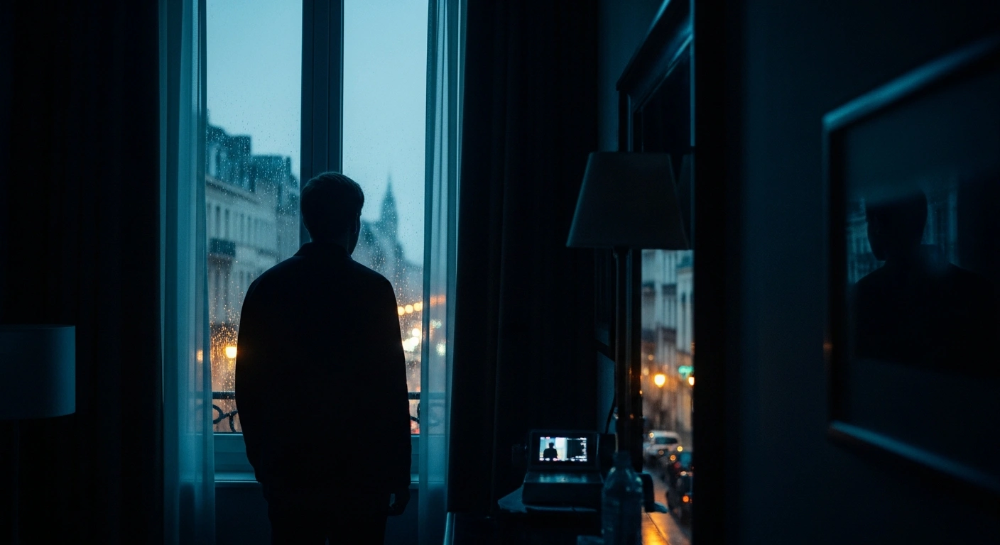 A somber silhouette of French singer Patrick Bruel stands by a hotel window in Brussels during a legal investigation.