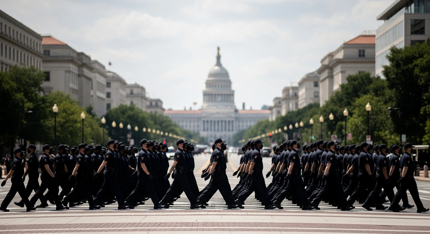 Members of the white nationalist group Patriot Front march in a coordinated formation through the streets of Washington D.C. during the July 4th holiday weekend.
