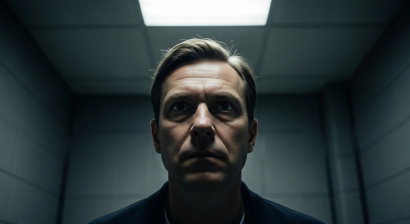 A 44-year-old man, Pavel Vasin, is shown under harsh fluorescent lighting in a dimly lit room, his face reflecting a mix of defiance and resignation, suggesting his arrest and implication in the attempted assassination of GRU Lieutenant General Vladimir Alexeyev in Moscow for providing logistical support.