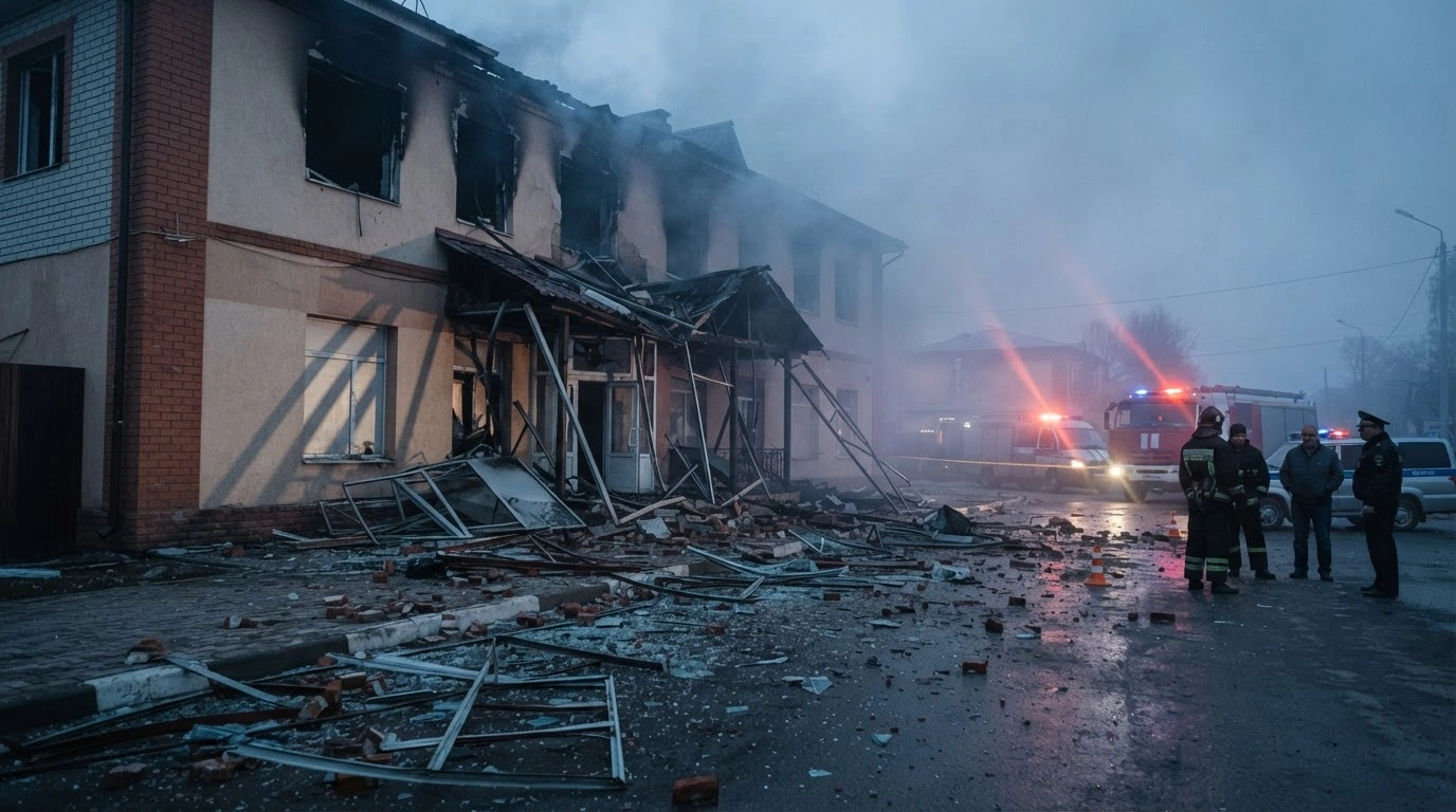 The damaged exterior of a grocery store and health center in Pavlovsky Posad following a drone attack in the Moscow region.