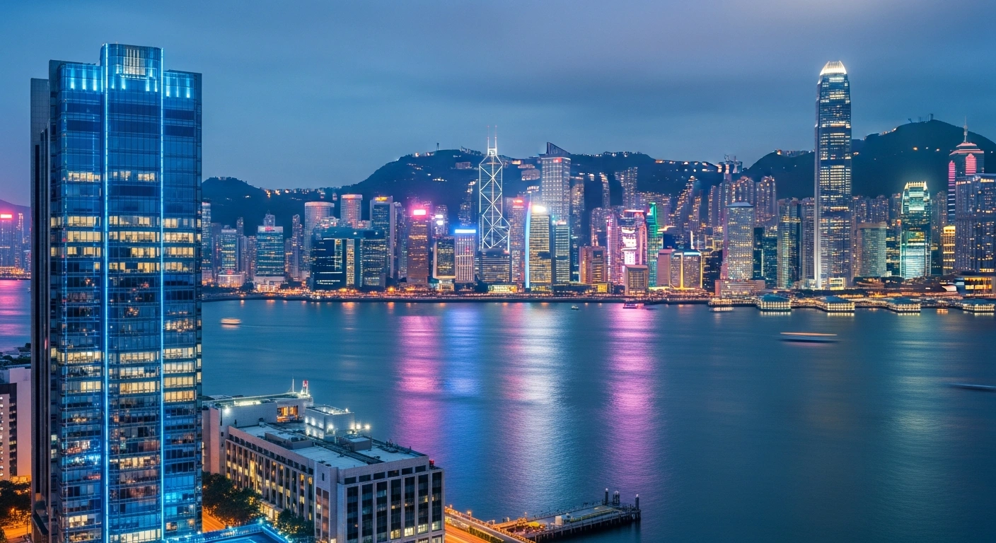 The Hong Kong skyline glows at dusk as international investors participate in the People's Bank of China's issuance of RMB-denominated bills to support currency internationalization.