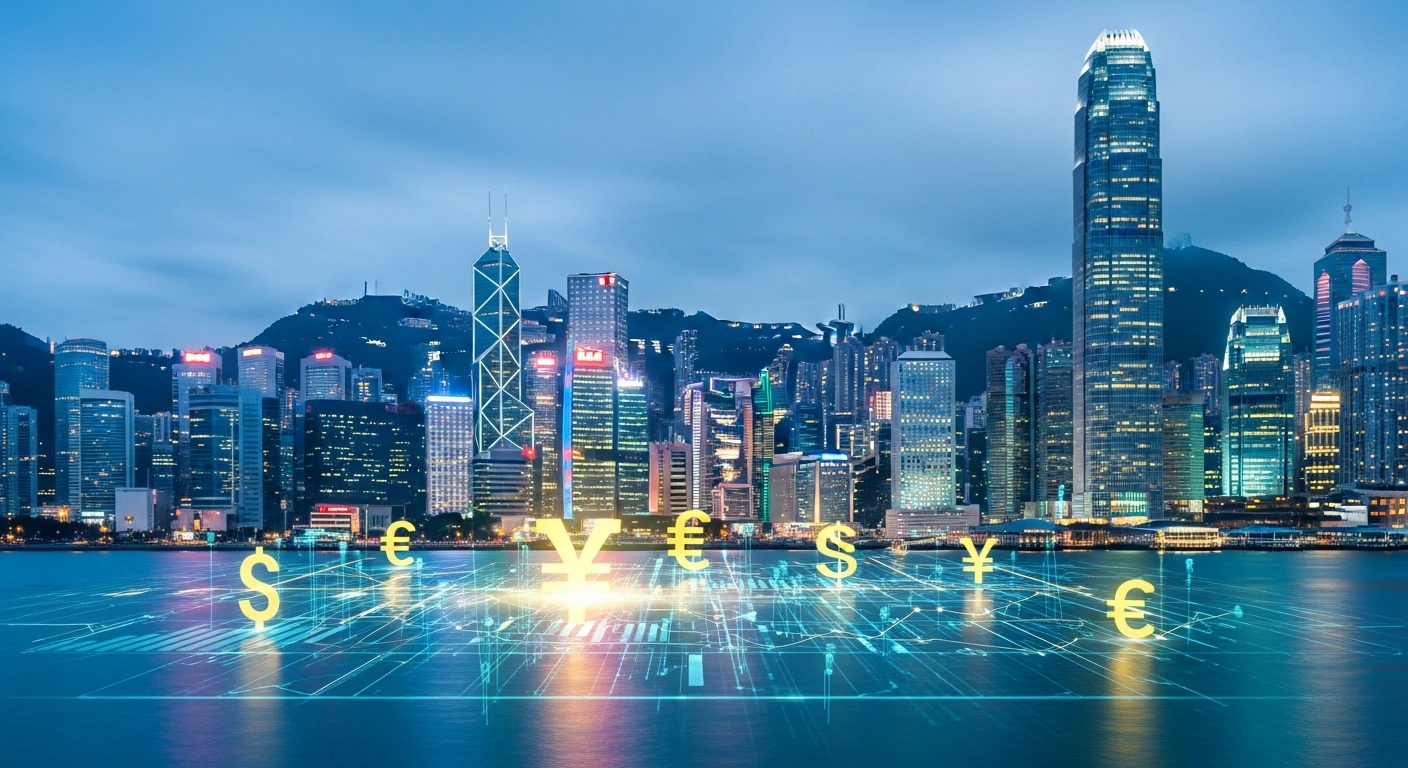 A digital visualization of the Hong Kong skyline at dusk represents the People's Bank of China issuing Renminbi-denominated bills to manage offshore yuan liquidity.