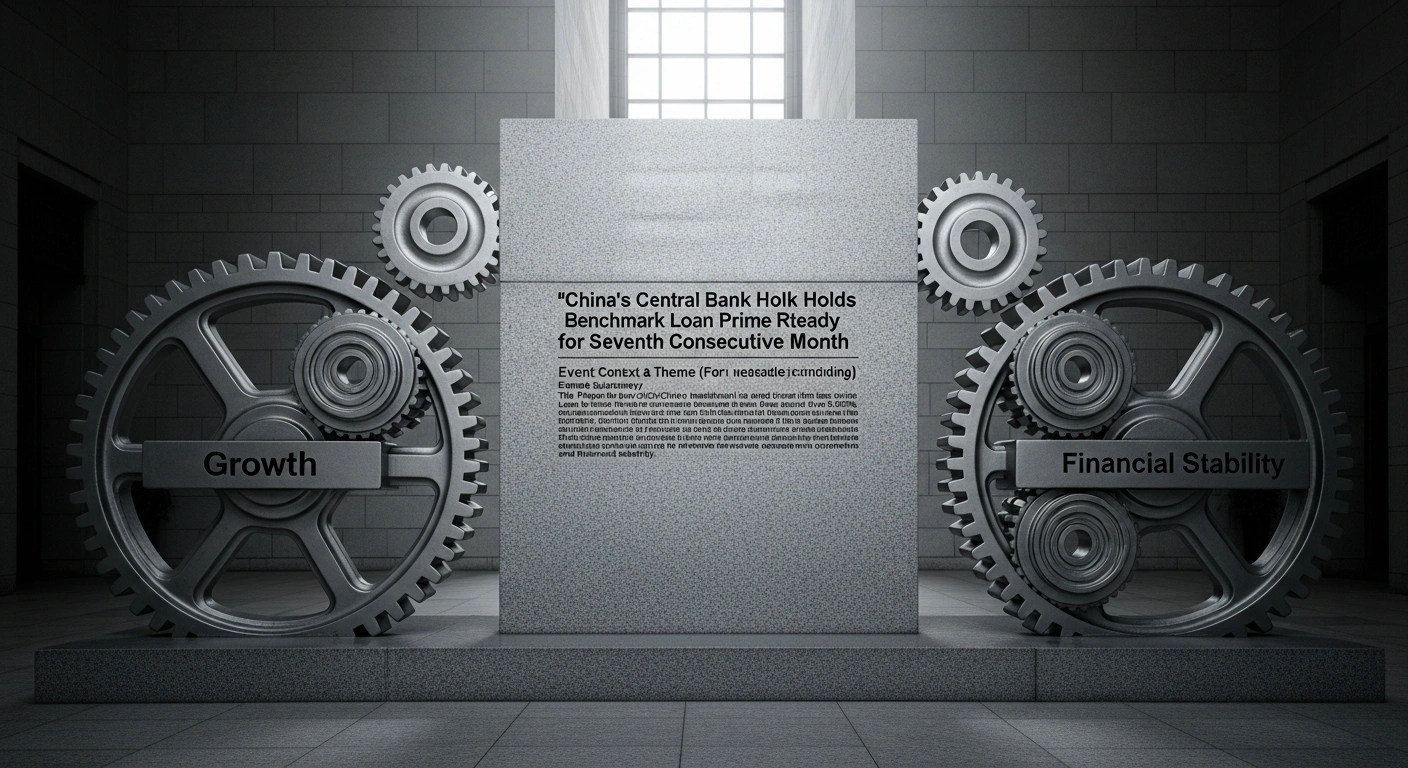 A polished granite plinth stands centered, reflecting soft, diffused light, flanked by two large, ornate, interlocked gears representing economic growth and financial stability, held perfectly motionless to symbolize the People's Bank of China maintaining its Loan Prime Rates.
