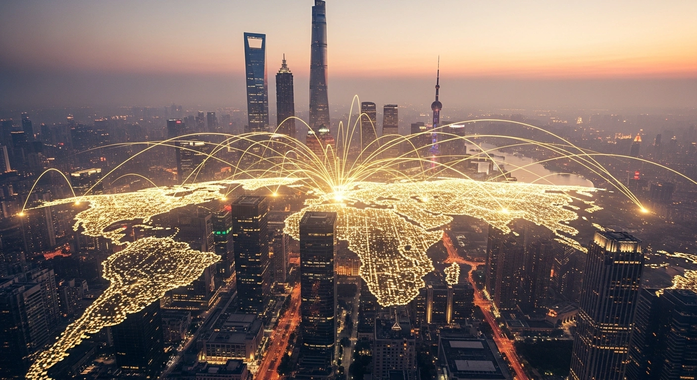 A high-angle view of a futuristic financial district in Shanghai at dusk, with golden light trails extending from skyscrapers towards distant global city skylines, symbolizing the People's Bank of China's new measures to facilitate cross-border RMB interbank financing and enhance the yuan's global usage.