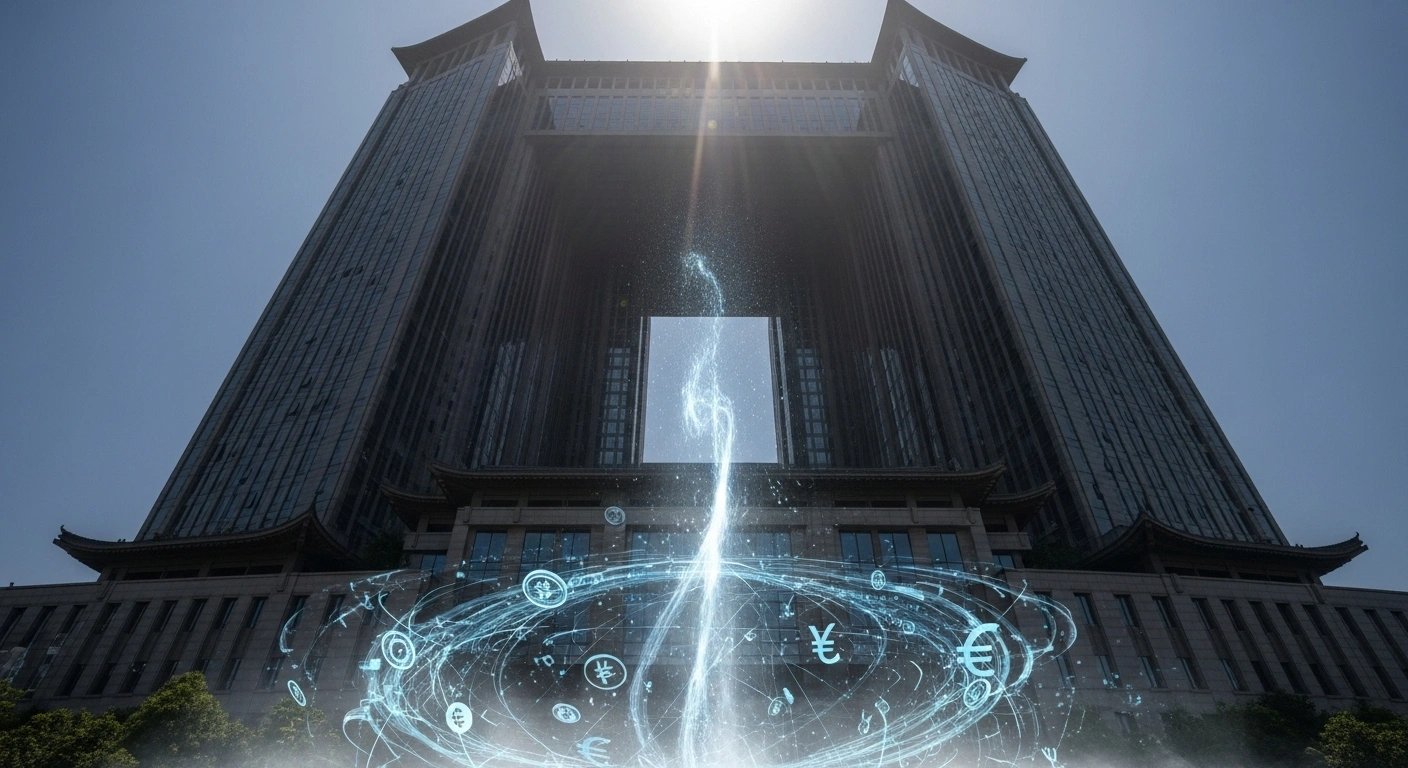 A towering, monolithic building with subtle Chinese architectural elements, representing China's central bank (PBOC), casts a dominant shadow over ethereal digital currency symbols being forcefully contained, illustrating the crackdown on cryptocurrency and stablecoins due to concerns about financial stability and anti-money laundering.