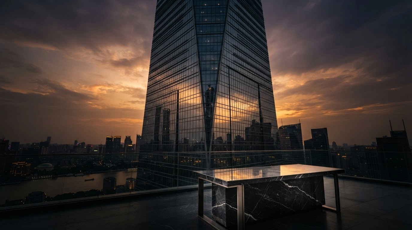 A modern financial building in China stands under a sunset sky, representing the People's Bank of China's decision to hold zero volume in its reverse repo operations.