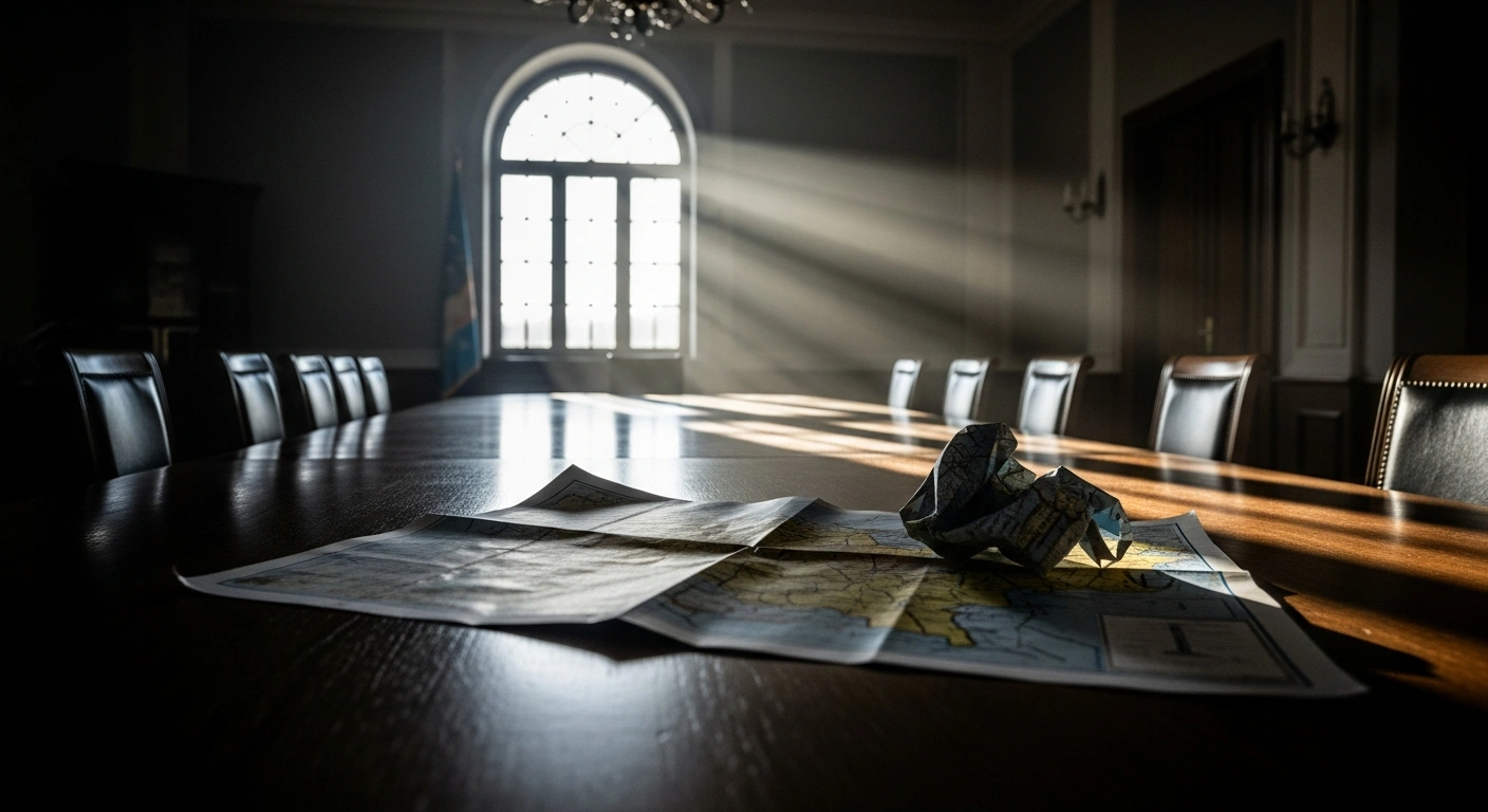 An empty, ornate negotiation table is illuminated by stark light, with a crumpled map of a contested region lying abandoned, symbolizing the potential suspension of peace negotiations between Russia and Ukraine over territorial concessions in the Donbas region.