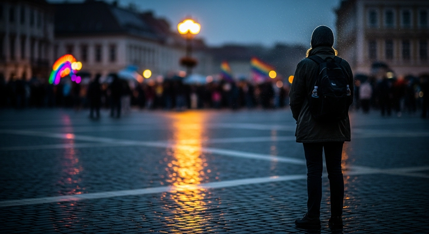 A solitary figure stands in a rain-slicked city square at dusk, with blurred, muted rainbow colors visible in the background, symbolizing the Pécs Pride march and the criminal investigation faced by its organizer, Géza Buzás-Hábel, in Hungary for a prohibited LGBTIQ assembly.