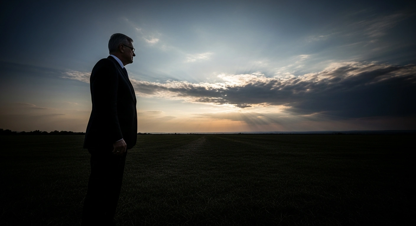 A somber statesman, representing Slovak President Peter Pellegrini, stands silhouetted against a twilight sky, gazing towards a distant, hazy horizon where a faint glow symbolizes the European Union's fading credibility and the jeopardized trust in the Western Balkans, including North Macedonia, due to accession delays and political games.