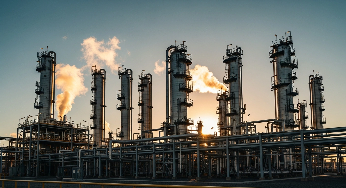 A modern PEMEX oil refinery operates at high capacity in Mexico as part of a national effort to increase domestic fuel production.