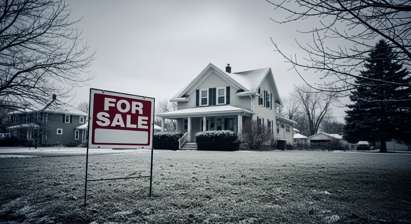 A weathered 'For Sale' sign stands in front of a modest American home under an overcast winter sky, symbolizing the decrease in pending home sales in January due due to affordability challenges, economic uncertainty, and severe winter weather.