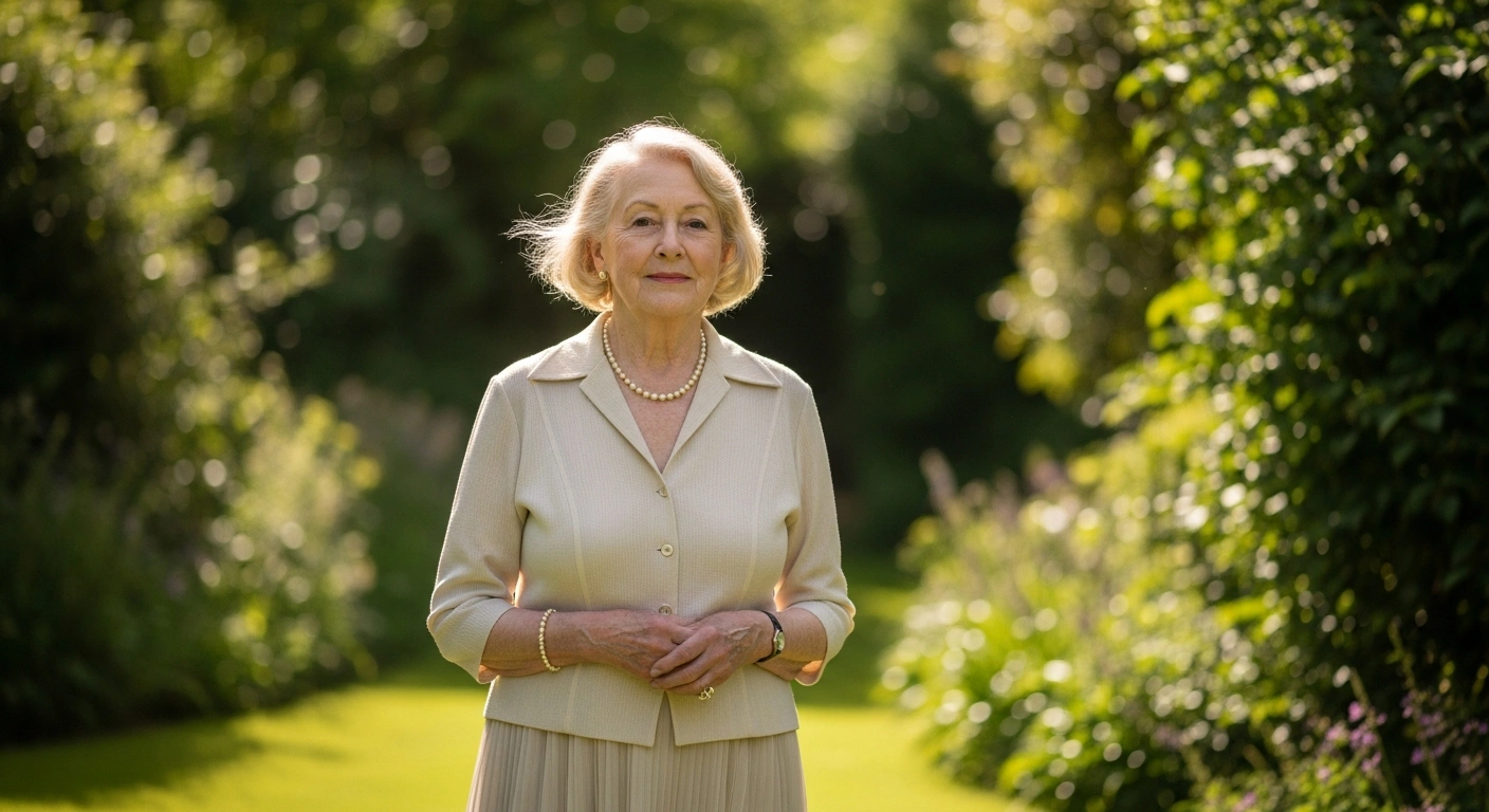 A portrait of the acclaimed British actress Dame Penelope Keith standing in a bright garden to confirm she is alive and well.