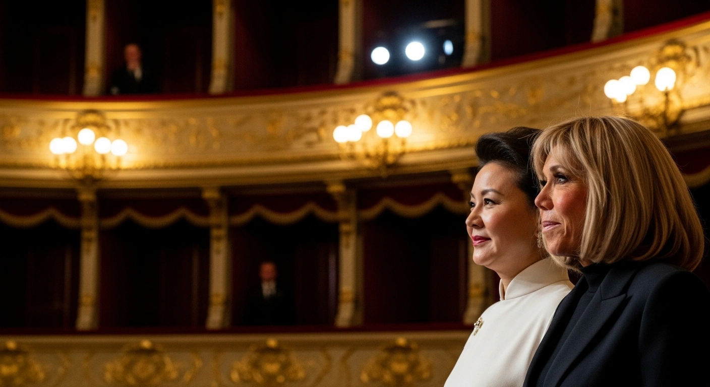 Peng Liyuan and Brigitte Macron are depicted standing together in a grand, opulent theatre, illuminated by warm stage lighting, symbolizing cultural exchange between China and France.