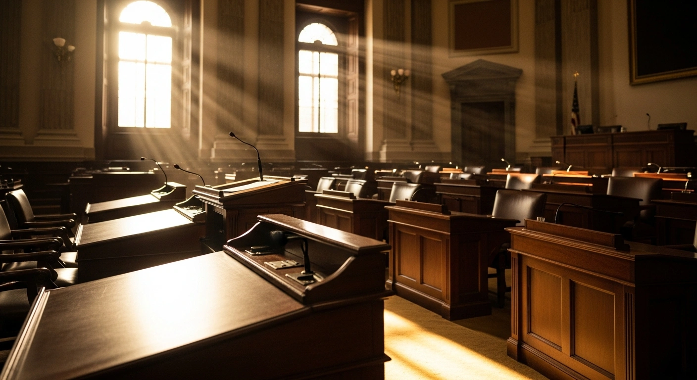 The interior of the Pennsylvania House of Representatives chamber is illuminated by sunlight as lawmakers consider new labor legislation for minimum wage and family leave.