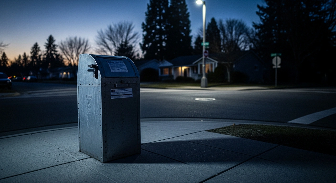 A secure ballot drop box stands on a quiet street in Pennsylvania as the U.S. Supreme Court allows mail-in ballot counting procedures to remain in place.