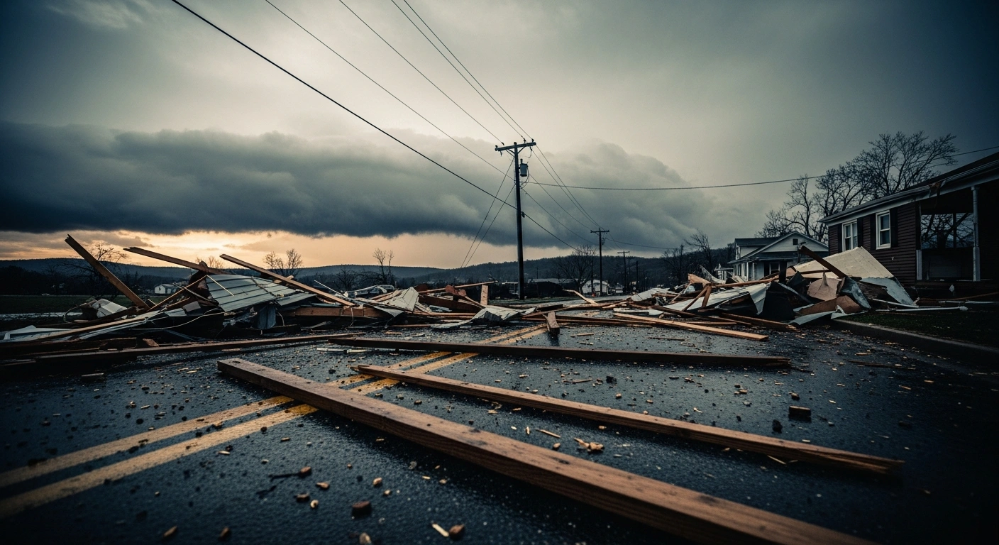 Debris from a damaged home lies scattered on a street in southern Pennsylvania following severe thunderstorms and potential tornado activity.